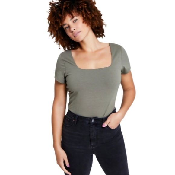 And Now This Tops - And Now This, Square-Neck Short-Sleeve, Double-Layered Bodysuit, green size M